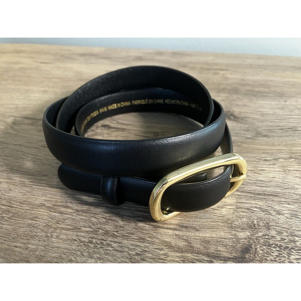 H&M Skinny Black Genuine Split Leather Belt Gold Buckle Size M Excellent